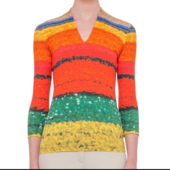 AKRIS Flower Field VNeck Blouse Shirt Top Colorful Floral Stripe Tee 3/4 Sleeve - Picture 11 of 11